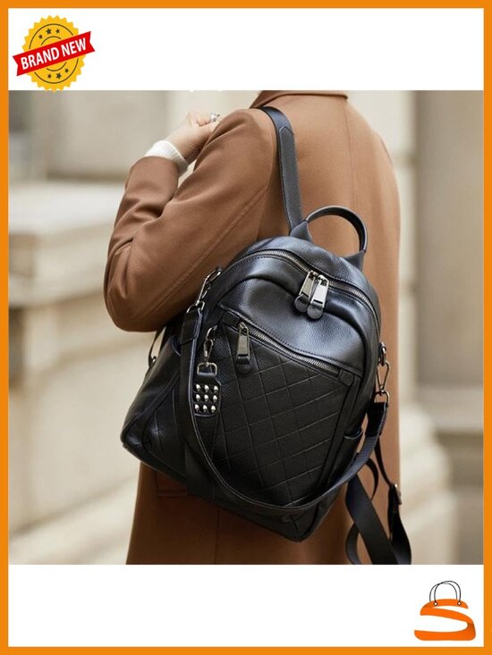 Genuine Leather Backpack Purse for Women, Convertible Shoulder Bag, Quilted